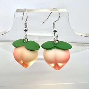 Chunky Peach Fruit Earrings - Light Pink with Green Leaf - Summer Snack Earrings